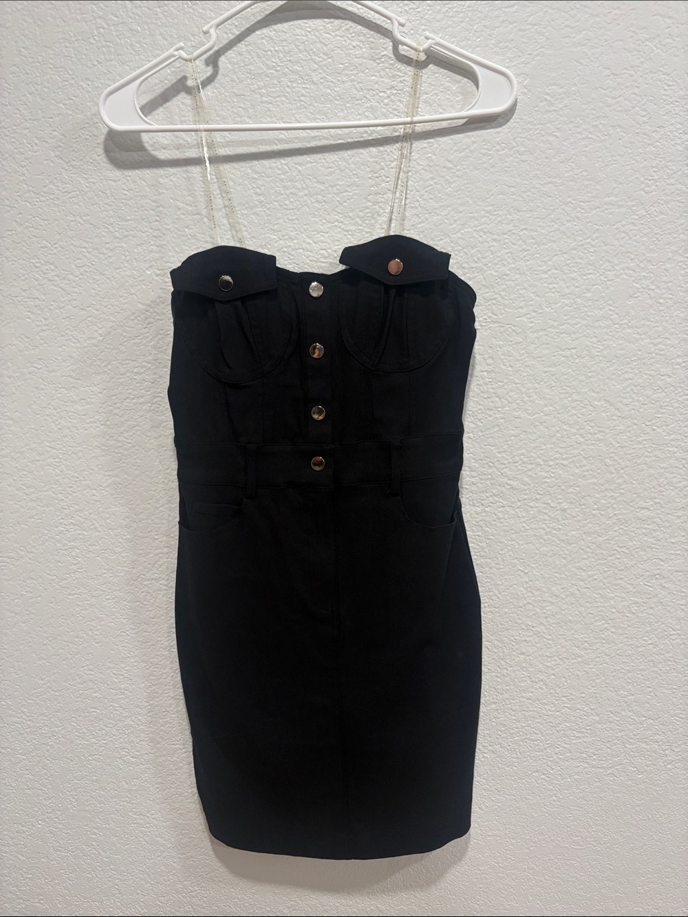Strapless Black Mini Dress with Button-Front Detail
